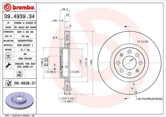Brembo Bremsscheibe belüftet vorne [Hersteller-Nr. 09.4939.31] für Fiat, Opel, Vauxhall