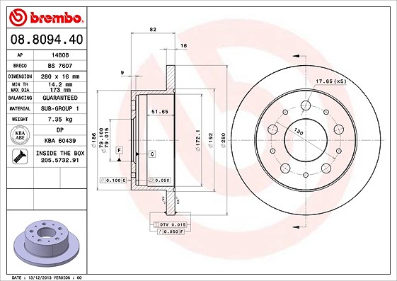 Brembo Bremsscheibe [Hersteller-Nr. 08.8094.40] für Fiat, Citroën, Vauxhall, Peugeot, Opel