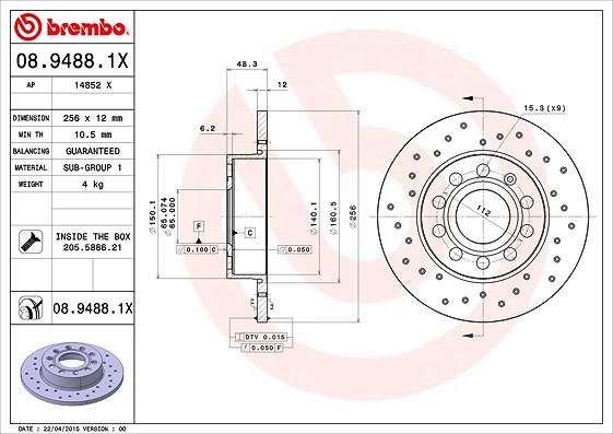 Brembo Bremsscheibe Hinterachse Voll [Hersteller-Nr. 08.9488.1X] für Skoda, Seat, VW, Audi