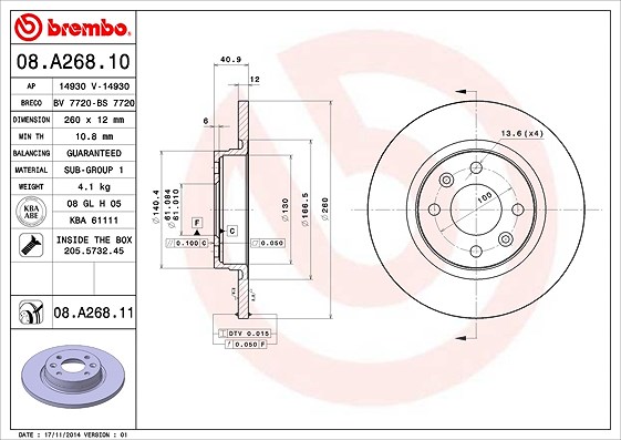 Brembo Bremsscheibe Vorderachse Voll [Hersteller-Nr. 08.A268.11] für Dacia, Renault, Smart