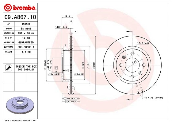 Brembo Bremsscheibe [Hersteller-Nr. 09.A867.10] für Kia, Hyundai