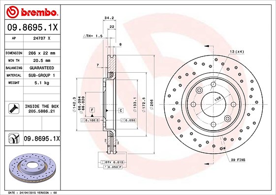 Brembo Bremsscheibe [Hersteller-Nr. 09.8695.1X] für Peugeot, Opel, Vauxhall, Ds, Citroën