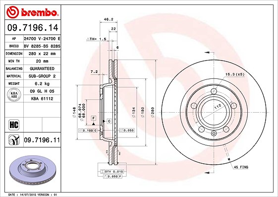 Brembo Bremsscheibe [Hersteller-Nr. 09.7196.11] für VW, Audi, Seat