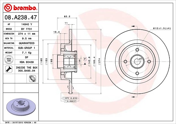 Brembo 1x Bremsscheibe Hinterachse mit ABS-Ring+Lager [Hersteller-Nr. 08.A238.47] für Renault