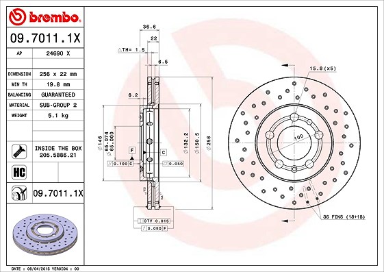Brembo Bremsscheibe Vorderachse belüftet [Hersteller-Nr. 09.7011.1X] für Seat, VW, Skoda, Audi