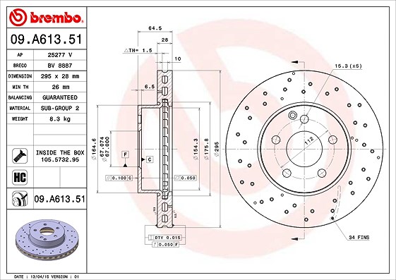 Brembo Bremsscheibe Vorderachse Belüftet [Hersteller-Nr. 09.A613.51] für Mercedes-Benz