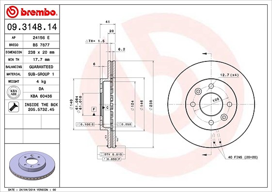 Brembo Bremsscheibe [Hersteller-Nr. 09.3148.14] für Renault, Nissan