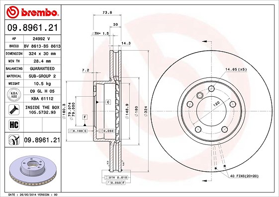 Brembo 1x Bremsscheibe Vorderachse Belüftet [Hersteller-Nr. 09.8961.21] für BMW