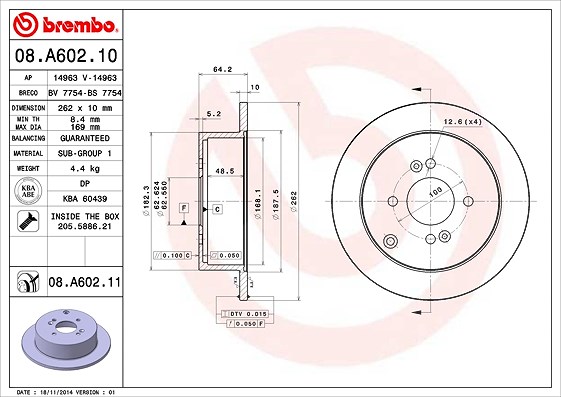 Brembo Bremsscheibe Hinterachse Voll [Hersteller-Nr. 08.A602.11] für Kia, Hyundai