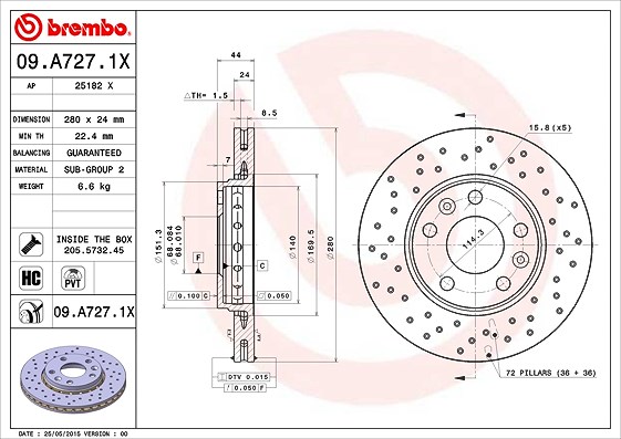 Brembo Bremsscheibe [Hersteller-Nr. 09.A727.1X] für Nissan, Renault, Dacia