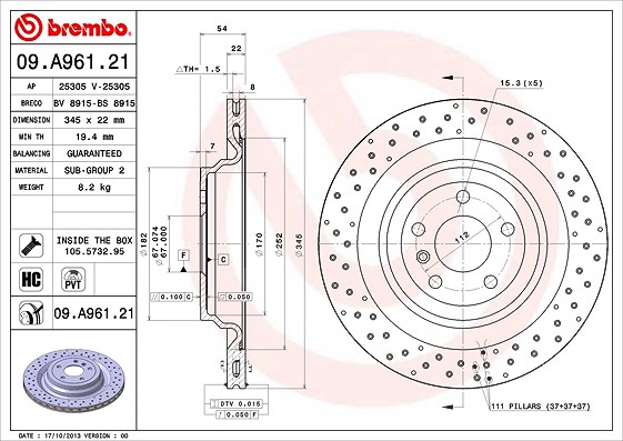 Brembo Bremsscheibe [Hersteller-Nr. 09.A961.21] für Mercedes-Benz