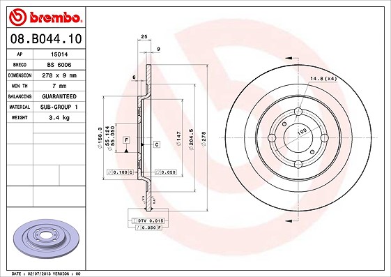 Brembo Bremsscheibe [Hersteller-Nr. 08.B044.10] für Toyota, Daihatsu