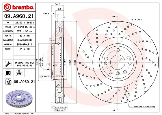 Brembo 1x Bremsscheibe [Hersteller-Nr. 09.A960.21] für Mercedes-Benz