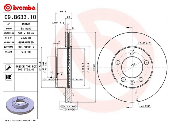 Brembo 1x Bremsscheibe Vorderachse Belüftet [Hersteller-Nr. 09.B633.10] für Nissan, Opel, Vauxhall, Renault