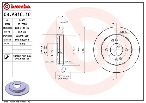Brembo Bremsscheibe [Hersteller-Nr. 08.A916.10] für Kia, Hyundai