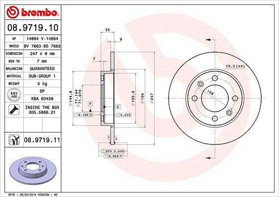 Brembo Bremsscheibe Hinterachse Voll [Hersteller-Nr. 08.9719.11] für Peugeot, Citroën