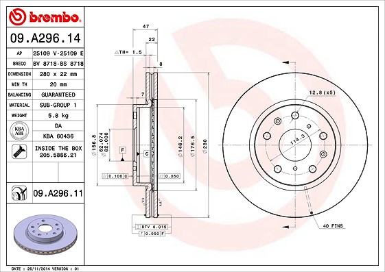 Brembo Bremsscheibe [Hersteller-Nr. 09.A296.11] für Suzuki, Fiat, Nissan