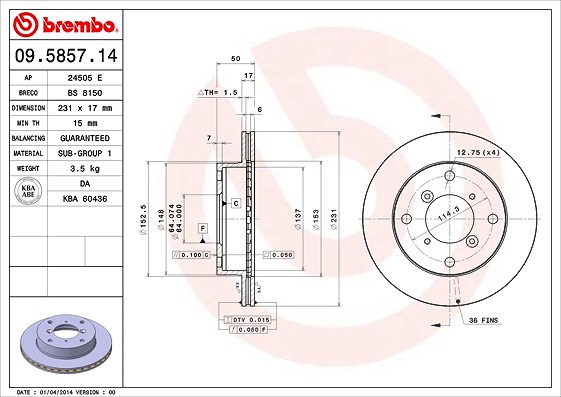 Brembo Bremsscheibe [Hersteller-Nr. 09.5857.14] für Chevrolet, Subaru, Suzuki