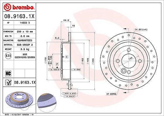 Brembo Bremsscheibe Hinterachse Voll [Hersteller-Nr. 08.9163.1X] für Mini