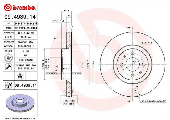 Brembo Bremsscheibe Vorderachse Belüftet [Hersteller-Nr. 09.4939.11] für Fiat, Lancia, Citroën, Peugeot, Alfa Romeo, Abarth