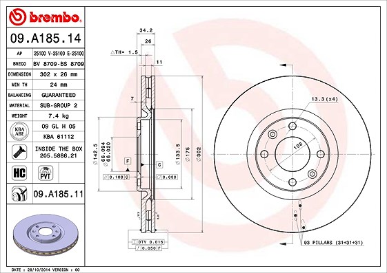 Brembo Bremsscheibe [Hersteller-Nr. 09.A185.11] für Vauxhall, Citroën, Ds (capsa), Peugeot, Ds, Opel