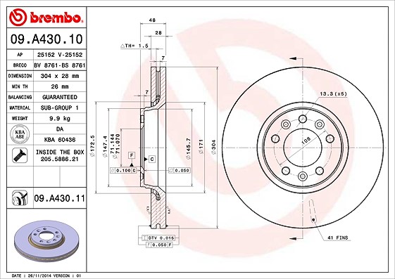 Brembo 1x Bremsscheibe Vorderachse Belüftet [Hersteller-Nr. 09.A430.11] für Fiat, Citroën, Peugeot, Toyota