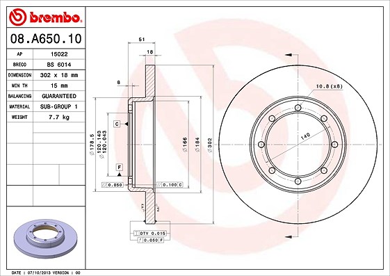 Brembo Bremsscheibe Hinterachse Voll [Hersteller-Nr. 08.A650.10] für Nissan, Vauxhall, Opel, Renault