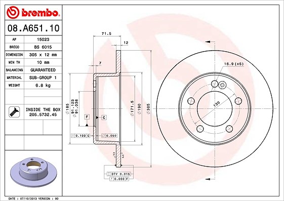 Brembo Bremsscheibe Hinterachse Voll [Hersteller-Nr. 08.A651.10] für Opel, Vauxhall, Nissan, Renault