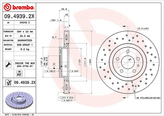 Brembo Bremsscheibe [Hersteller-Nr. 09.4939.2X] für Alfa Romeo, Vauxhall, Opel, Fiat, Lancia