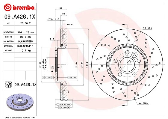 Brembo 1x Bremsscheibe Vorderachse Belüftet [Hersteller-Nr. 09.A426.1X] für Volvo, Ford, Land Rover