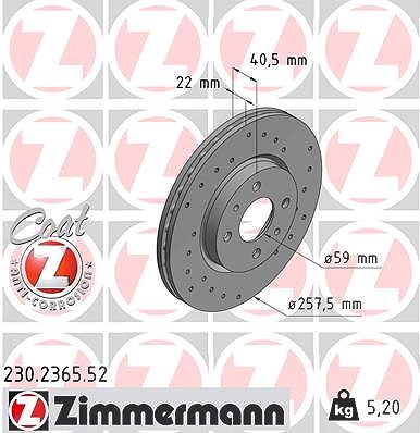 Zimmermann Bremsscheibe Vorderachse Belüftet [Hersteller-Nr. 230.2365.52] für Peugeot, Fiat, Alfa Romeo, Citroën, Lancia