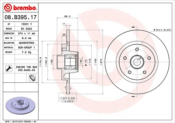 Brembo 1x Bremsscheibe [Hersteller-Nr. 08.B395.17] für Nissan, Renault