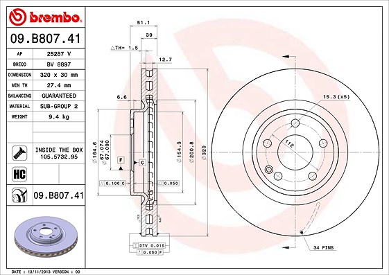 Brembo 1x Bremsscheibe [Hersteller-Nr. 09.B807.41] für Mercedes-Benz