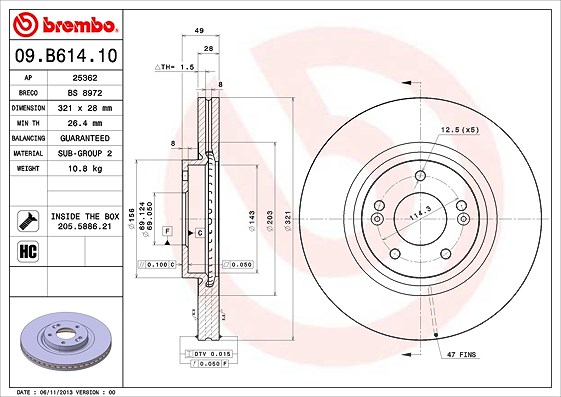 Brembo 1x Bremsscheibe Vorderachse Belüftet [Hersteller-Nr. 09.B614.10] für Kia, Hyundai