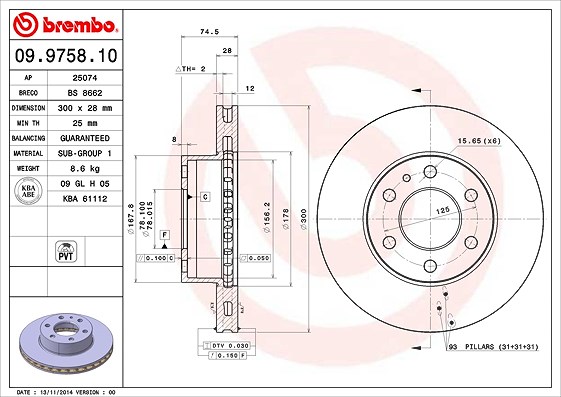 Brembo Bremsscheibe Vorderachse Belüftet [Hersteller-Nr. 09.9758.10] für Iveco