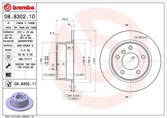 Brembo Bremsscheibe [Hersteller-Nr. 08.8302.11] für BMW