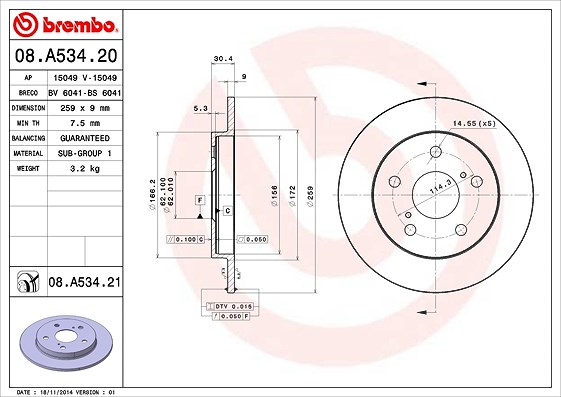 Brembo Bremsscheibe [Hersteller-Nr. 08.A534.21] für Toyota