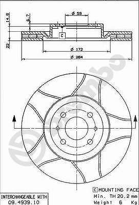 Brembo Bremsscheibe Vorderachse Belüftet [Hersteller-Nr. 09.4939.75] für Fiat, Citroën, Peugeot, Lancia, Alfa Romeo, Abarth
