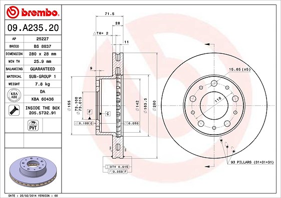 Brembo Bremsscheibe Vorderachse Belüftet [Hersteller-Nr. 09.A235.20] für Peugeot, Citroën, Mazda, Fiat
