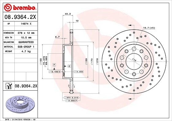 Brembo Bremsscheibe [Hersteller-Nr. 08.9364.2X] für Jeep, Fiat, Alfa Romeo