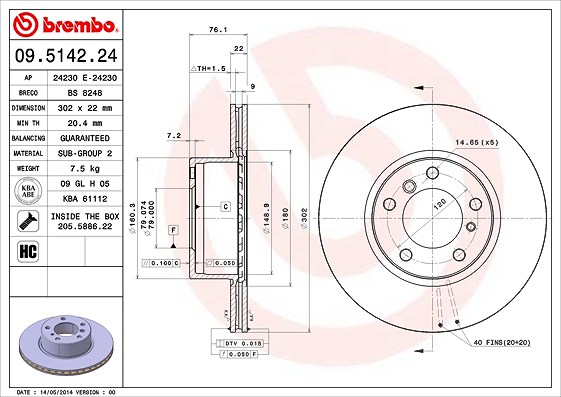 Brembo Bremsscheibe [Hersteller-Nr. 09.5142.24] für BMW
