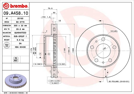 Brembo 1x Bremsscheibe Vorderachse Belüftet [Hersteller-Nr. 09.A458.10] für Peugeot, Citroën, Fiat