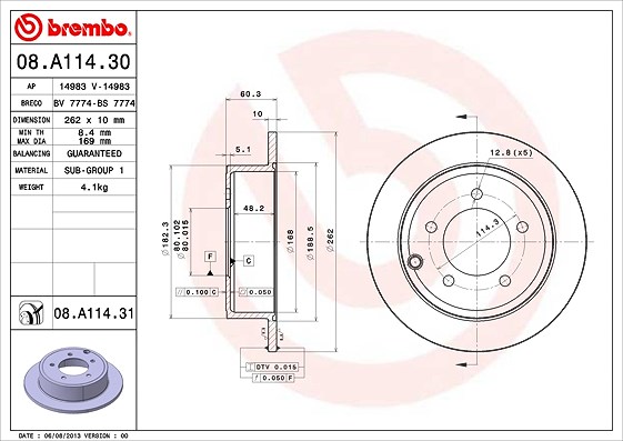 Brembo Bremsscheibe Hinterachse Voll [Hersteller-Nr. 08.A114.31] für Jeep, Dodge, Chrysler