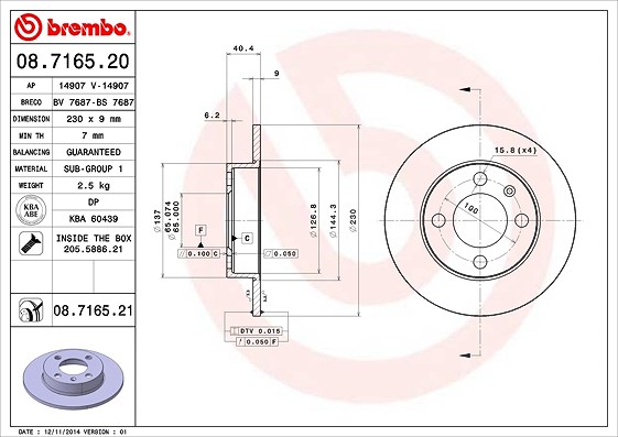 Brembo Bremsscheibe Hinterachse Voll [Hersteller-Nr. 08.7165.21] für Seat, VW