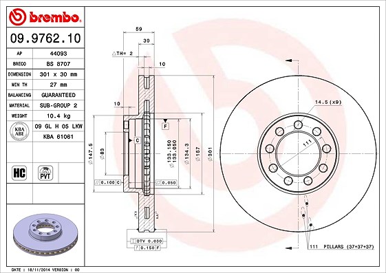 Brembo 1x Bremsscheibe [Hersteller-Nr. 09.9762.10] für Iveco