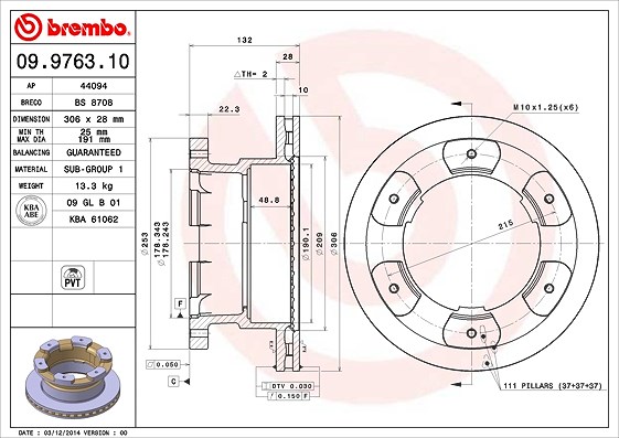 Brembo 1x Bremsscheibe [Hersteller-Nr. 09.9763.10] für Iveco