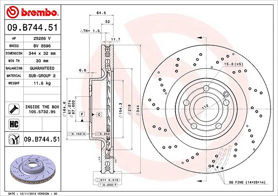 Brembo 1x Bremsscheibe [Hersteller-Nr. 09.B744.51] für Mercedes-Benz
