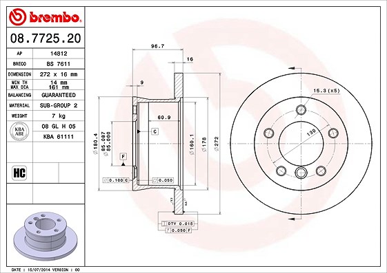 Brembo 1x Bremsscheibe [Hersteller-Nr. 08.7725.20] für VW, Mercedes-Benz