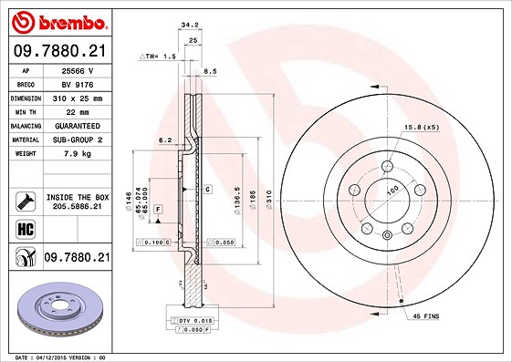 Brembo Bremsscheibe Vorderachse Belüftet [Hersteller-Nr. 09.7880.21] für Audi, Seat, VW