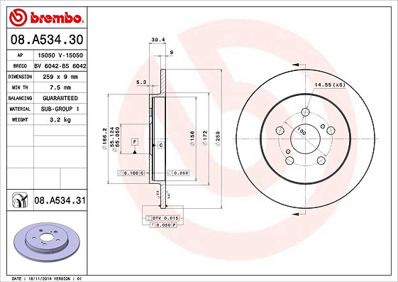 Brembo Bremsscheibe [Hersteller-Nr. 08.A534.31] für Lexus, Toyota, Subaru